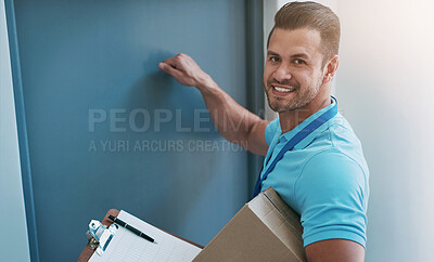 Buy stock photo Delivery, door and portrait of man with box for shipping, online shopping and order. Ecommerce, distribution and worker with signature paperwork for package, parcel and product for freight service