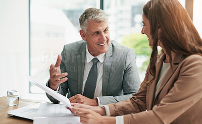 Buy stock photo Meeting, businessman and woman with paperwork for advice, planning and conversation at table. Office, b2b contract and girl consulting with financial advisor for business deal, support and discussion