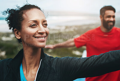 Buy stock photo Woman, stretching and arms for yoga outdoor with warm up, pilates and morning activity for flexibility with smile. People, exercise and teamwork for fitness by ocean with wellness, happy and active