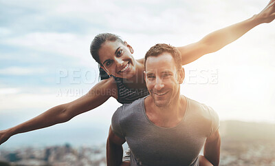 Buy stock photo Portrait, piggy back and couple with adventure, outdoor and lens flare with happiness, love and bonding. Face, man carrying woman or travel with health, fun and outside with journey, smile or freedom