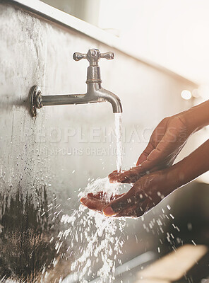 Buy stock photo Woman, water and washing hands with tap from sink in public bathroom for hygiene, bacteria and disinfection. Person, closeup and faucet for skincare, cleaning and protection from germs in washroom