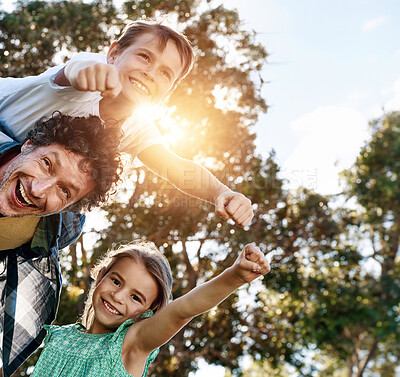 Buy stock photo Portrait, outdoor and father with children, sunshine and playful with happiness, bonding together and nature. Single parent, dad and daughter with son, fun and kids with weekend break, joy and summer