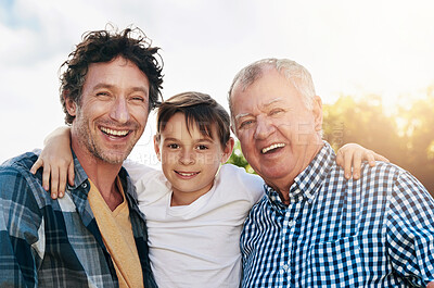 Buy stock photo Father, child and grandfather with portrait in outdoor park for happiness, support and bonding together. Lens flare, family and generations of men with smile for legacy, morning walk or weekend break