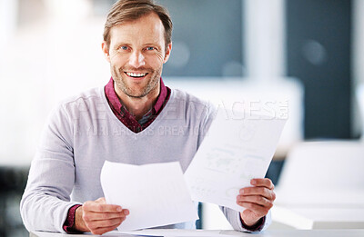 Buy stock photo Business man, job application and portrait in office for cv review, recruitment decision or choice. Smile, human resources and manager with document at design agency for resume, hiring or onboarding