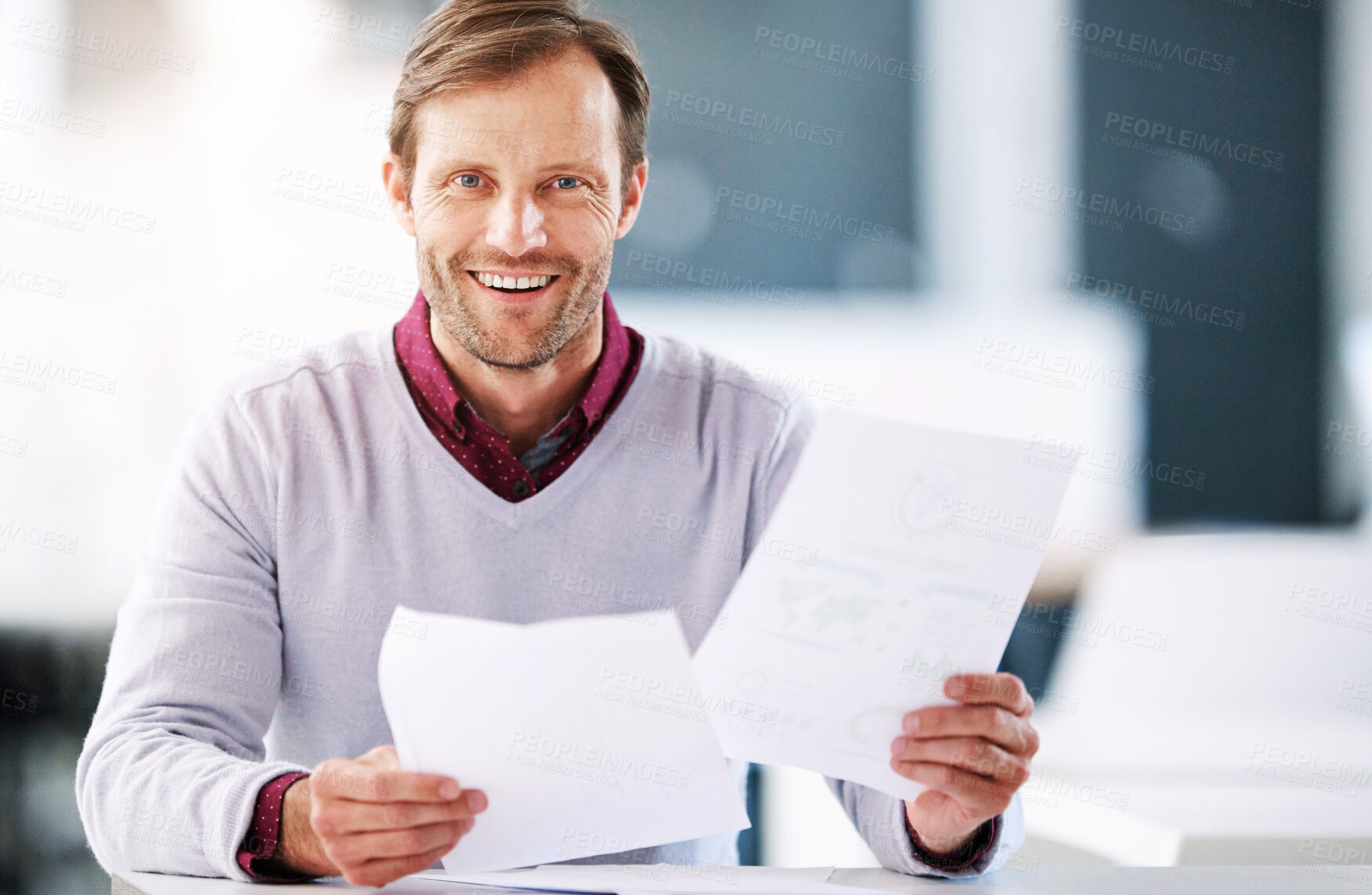 Buy stock photo Business man, job application and portrait in office for cv review, recruitment decision or choice. Smile, human resources and manager with document at design agency for resume, hiring or onboarding