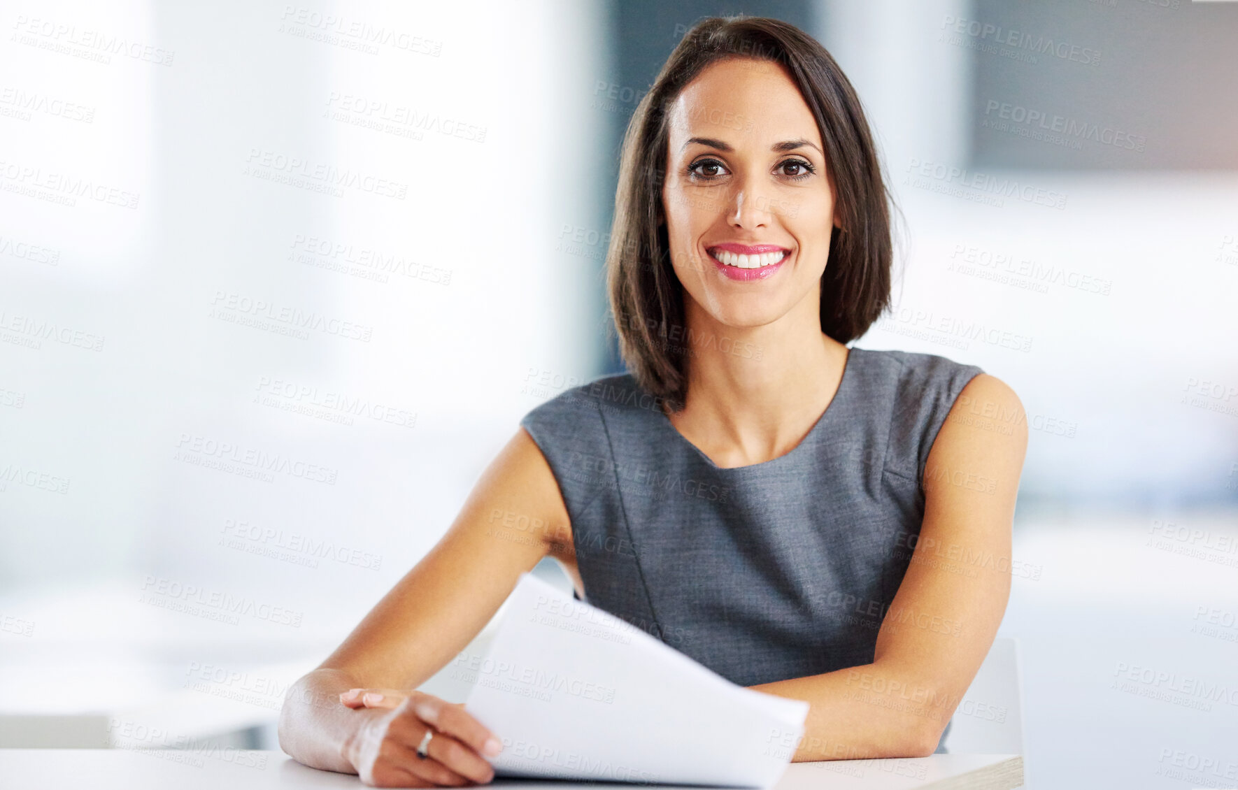 Buy stock photo Portrait, business woman and document in office for cv review, recruitment process or job interview. Smile, human resources and manager with paperwork at design agency for resume, hiring or vacancy