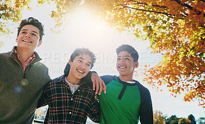 Buy stock photo Happy, boys or friends in nature together for summer holiday, school break or support. Smiling young men or group of teenagers walking in forest for talking, connection and outdoor adventure