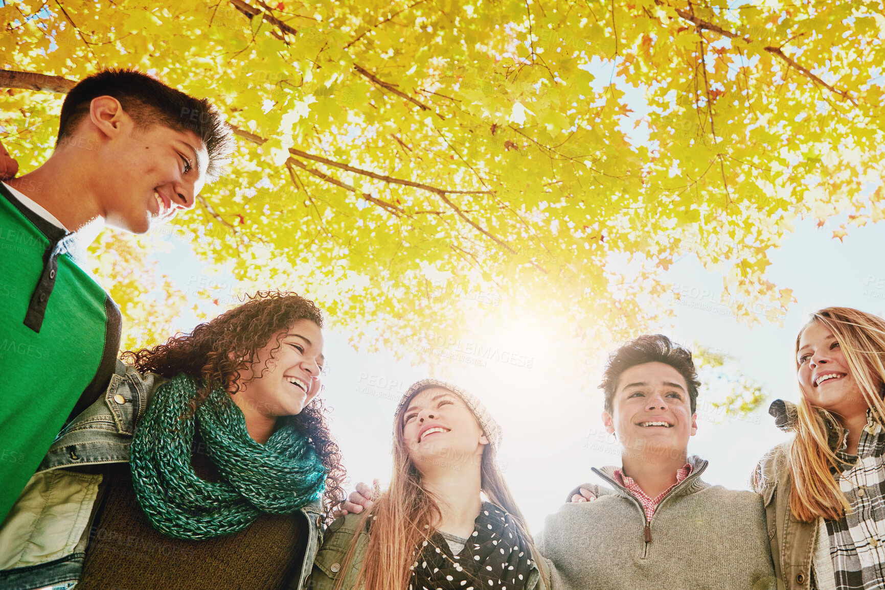 Buy stock photo Tree, happy and group of friends in park for outdoor adventure, bonding and vacation together. Low angle, sky and people with smile in nature for friendship, support and break on holiday in Manhattan