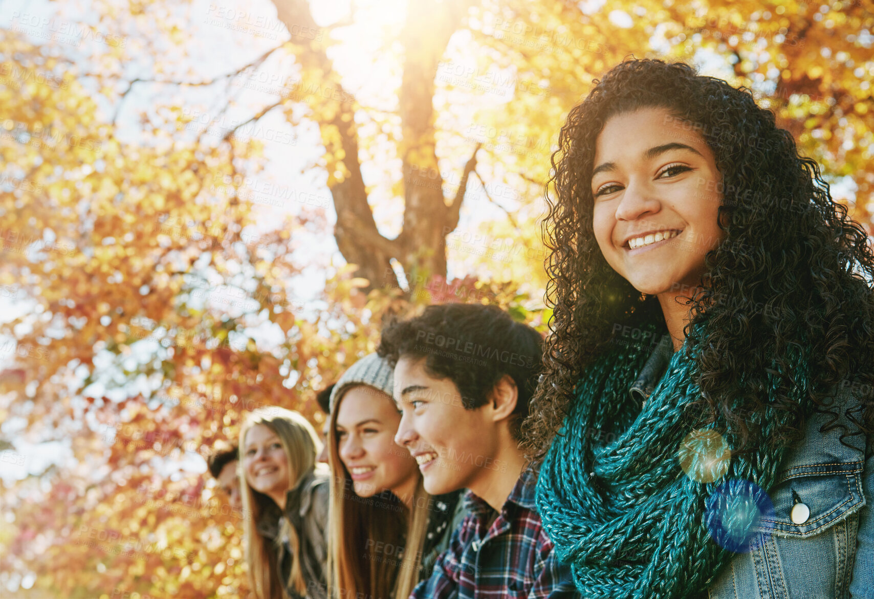 Buy stock photo Girl, portrait and friends outdoor in park for relaxing day on summer vacation of semester break, together and happiness. Group, teenagers and nature in garden on holiday in New Zealand and bonding.