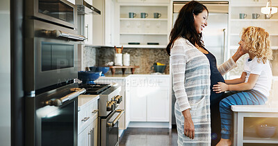 Buy stock photo Home, pregnant and woman with son, love and happiness with smile, bonding together and conversation. Parent, mama and kid in kitchen, pregnancy and mother with discussion and cheerful with family