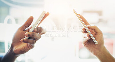 Buy stock photo Hands, friends and smartphone with typing, connection and sunshine with internet, social media and communication. Closeup, lens flare and people with cellphone, mobile user and website info with app