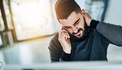 Buy stock photo Neck pain, business man and phone call with strain, stress and anxiety by a computer in office. Tech, conversation and employee with online, digital and internet project with work problem and glitch