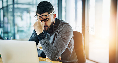 Buy stock photo Businessman, eye strain and headache for stress with laptop in office with burnout, tired and overworked by desk. Professional, employee and discomfort from glasses with work deadline or lens flare