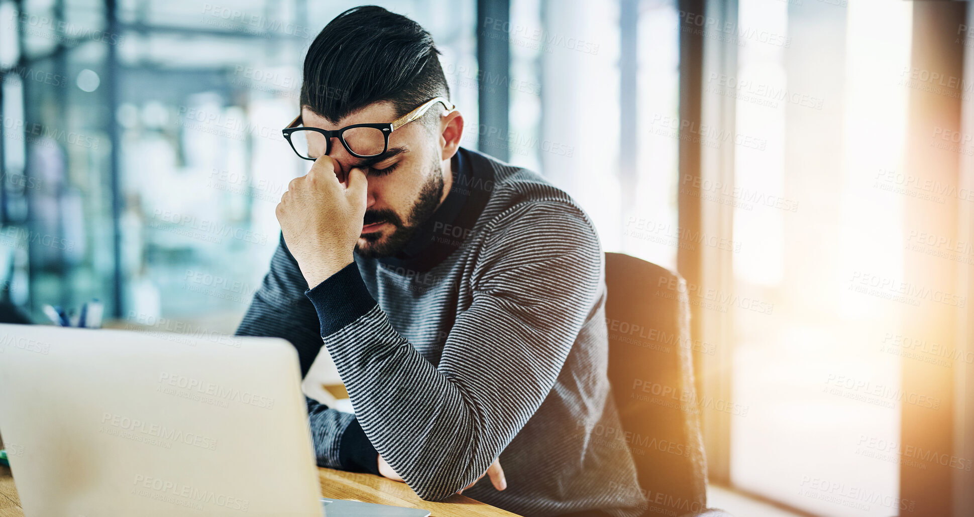 Buy stock photo Businessman, eye strain and headache for stress with laptop in office with burnout, tired and overworked by desk. Professional, employee and discomfort from glasses with work deadline or lens flare