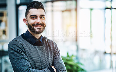 Buy stock photo Crossed arms, startup and portrait of business man with company pride, confidence and smile in morning. Creative agency, professional and happy person for career, work and job opportunity in office