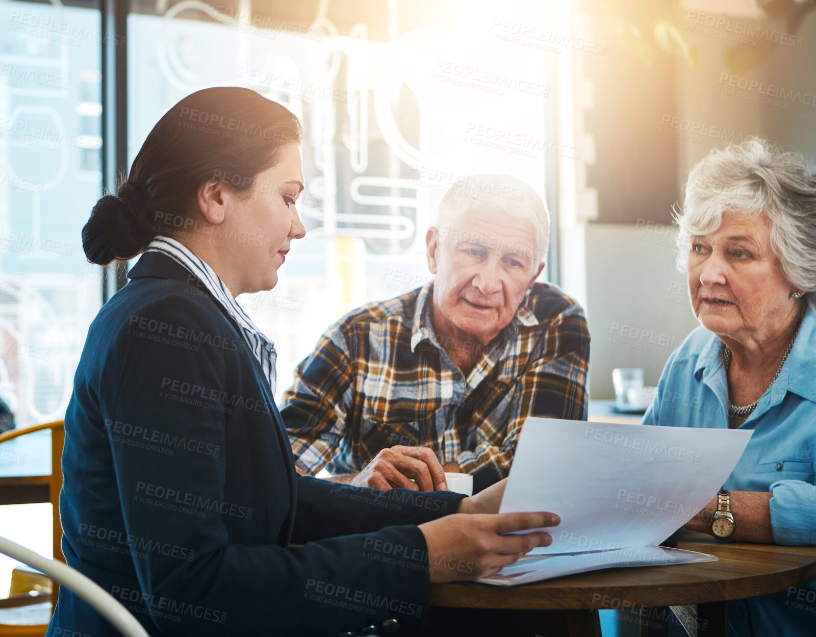 Buy stock photo Senior couple, financial advisor and meeting with paperwork in consultation, conversation and retirement plan. Insurance, savings and investment with professional, pension people and cafe discussion