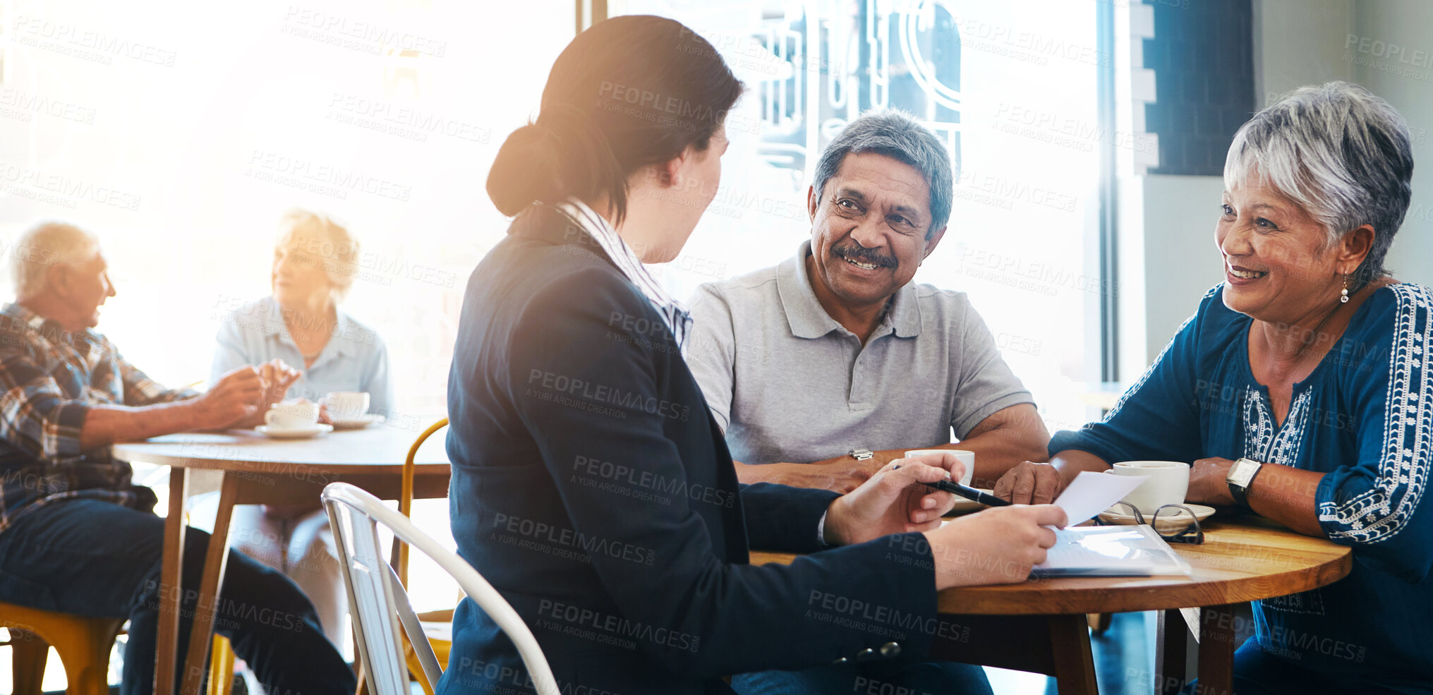 Buy stock photo Senior couple, financial advisor and talking in meeting, relax conversation and estate planning or legacy policy. Insurance, asset management and professional, pensioner people and discussion in cafe