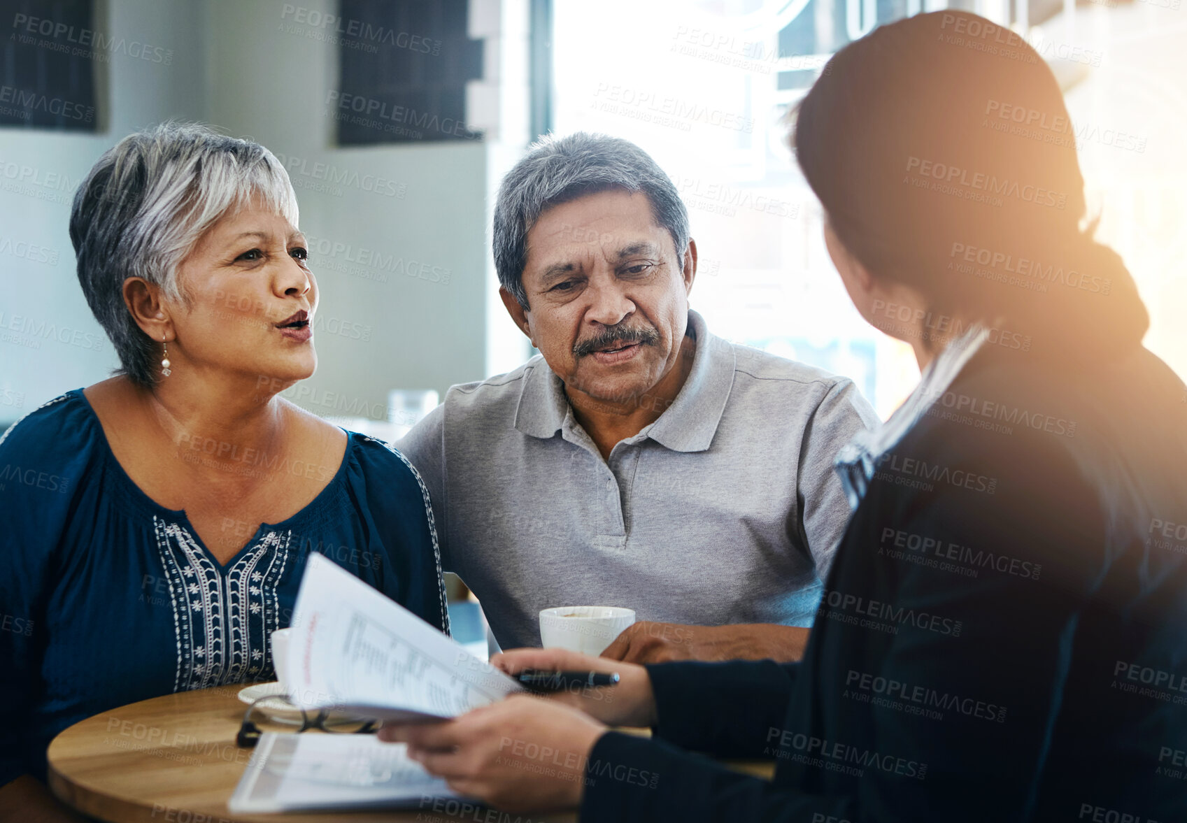 Buy stock photo old couple, discussion and financial advisor with documents for retirement, budget advice and will at home. Old man, elderly woman and attorney with paperwork, negotiation and legal agreement