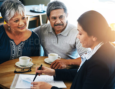 Buy stock photo Senior couple, discussion and lawyer with documents for financial advice, retirement plan and will at home. Old man, elderly woman and attorney with paperwork, budget negotiation and legal agreement