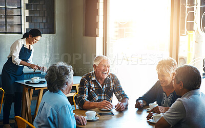 Buy stock photo Mature, friends and group relax at coffee shop on holiday or reunion on vacation in retirement. Senior, people and talking at cafe for brunch with latte, espresso and drink cappuccino and chat