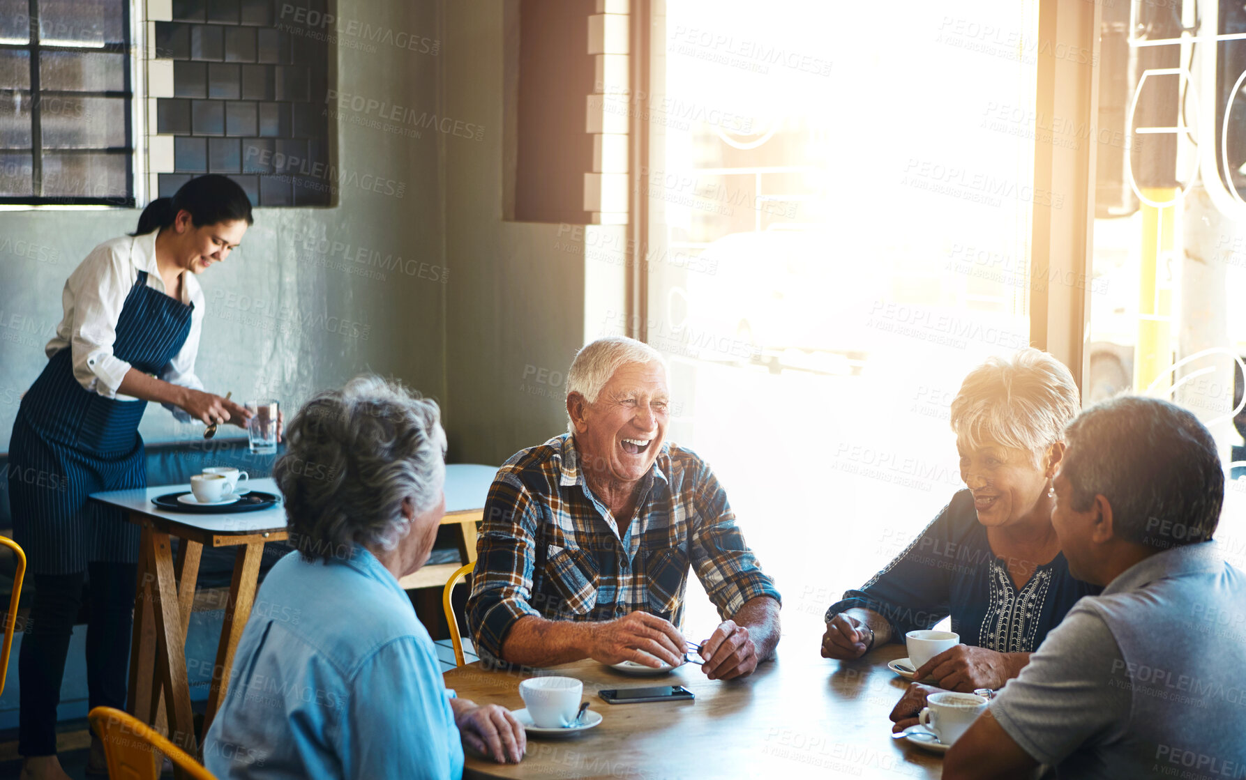 Buy stock photo Mature, friends and group relax at coffee shop on holiday or reunion on vacation in retirement. Senior, people and talking at cafe for brunch with latte, espresso and drink cappuccino and chat