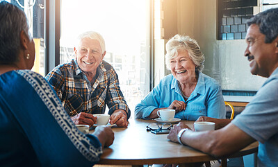 Buy stock photo Senior, people and group relax on holiday at cafe on vacation in retirement. Elderly, friends and talk at coffee shop with latte, espresso and drink cappuccino and chat in city morning with tea