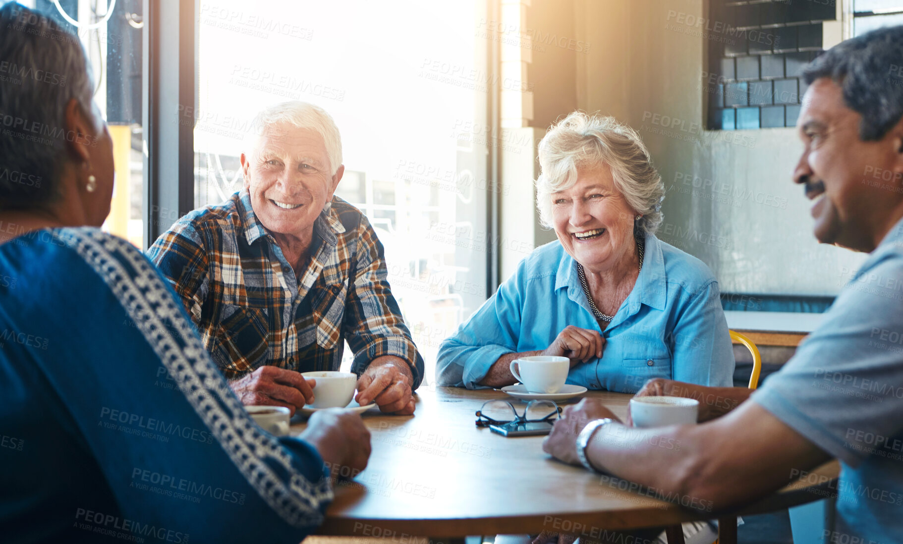 Buy stock photo Senior, people and group relax on holiday at cafe on vacation in retirement. Elderly, friends and talk at coffee shop with latte, espresso and drink cappuccino and chat in city morning with tea