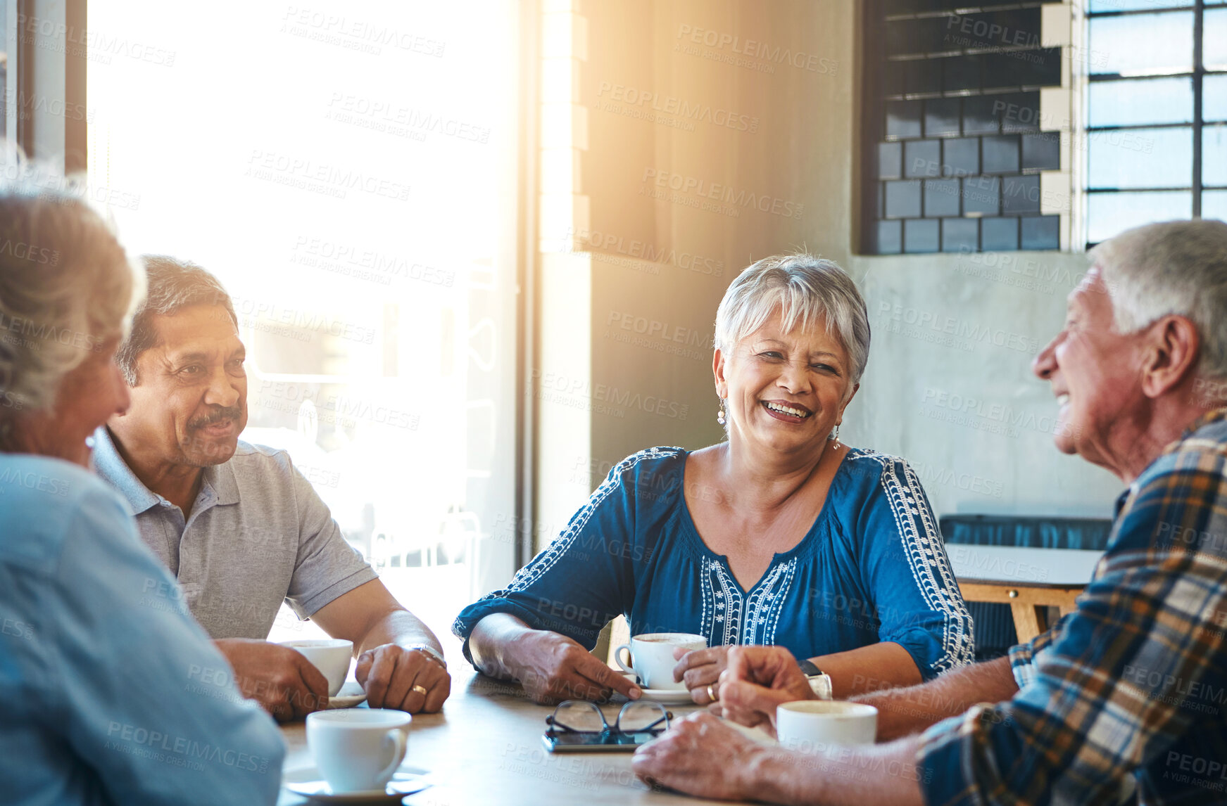Buy stock photo Mature, friends and group relax at coffee shop on holiday or reunion on vacation in retirement. Senior, people and talking at cafe for brunch with latte, espresso and drink cappuccino and chat