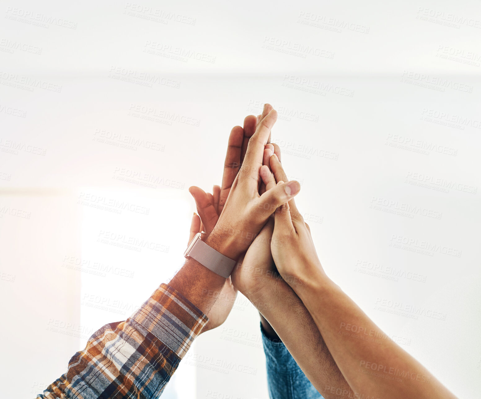 Buy stock photo High five, hands and support for team building in office, motivation and creative partnership. Business, meeting and celebrate for people, mission or collaboration success at startup design company