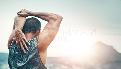 Buy stock photo Man, training and runner stretching arms in morning for benefits to health, wellness and energy. Athlete, prepare and back of workout for resilience in summer challenge with progress in fitness