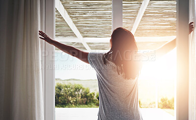 Buy stock photo Back, woman and open curtain in morning, window and fresh wake up with sunrise in hotel ready for day. Routine, outside view and nature on holiday or weekend, drapes and light in apartment in bedroom