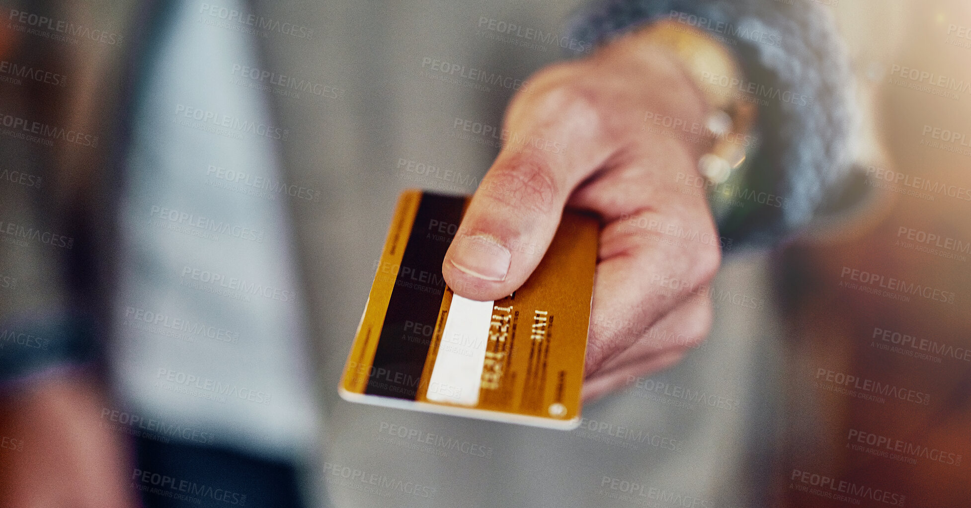 Buy stock photo Hand, man and give credit card for payment with closeup for finance, fintech purchase and ecommerce in store. Digital banking, person and online transfer for sale, POS checkout and paying for service