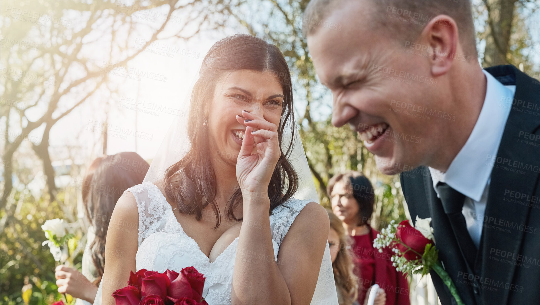 Buy stock photo Outdoor, funny and bride with groom, wedding day and happiness with romance, flowers and sunshine. People, garden and man with woman, laughing and cheerful with joke, relationship and humor with joy