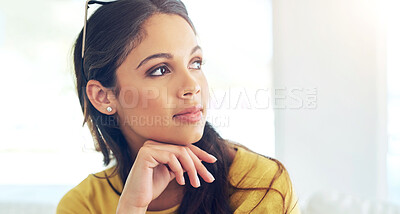 Buy stock photo Thinking, student and woman in living room for education, learning or inspiration on school project in home. Thought, choice and hand of person for decision, wonder or planning future career