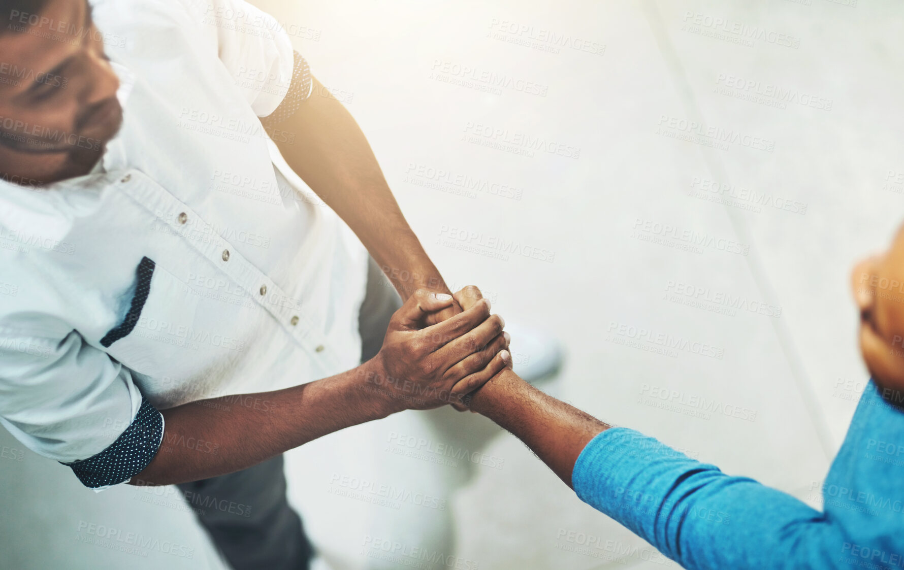 Buy stock photo Meeting, business people and top view with handshake, agreement or greeting with opportunity. Hello, staff or coworkers shaking hands, employees or review with feedback, support or congrats in office