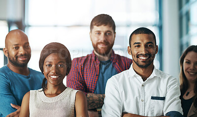 Buy stock photo Collaboration, ambitious and proud creative team of men or women standing with arms folded to show unity, power or teamwork. Portrait of happy diverse group, business people and together with smile