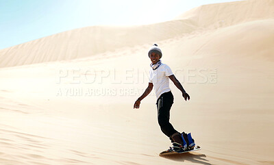 Buy stock photo Portrait, sandboarding and man with sunshine, training and excited with fitness, summer and weekend break. Person, outdoor and guy with fun, happiness and cheerful with joy, exercise and wellness