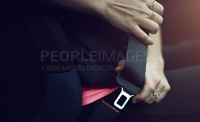 Buy stock photo Hands, woman and closeup of seatbelt in car for safety, road law and protection for accident in vehicle. Driver, travel and click for security from danger, insurance and fasten harness in transport