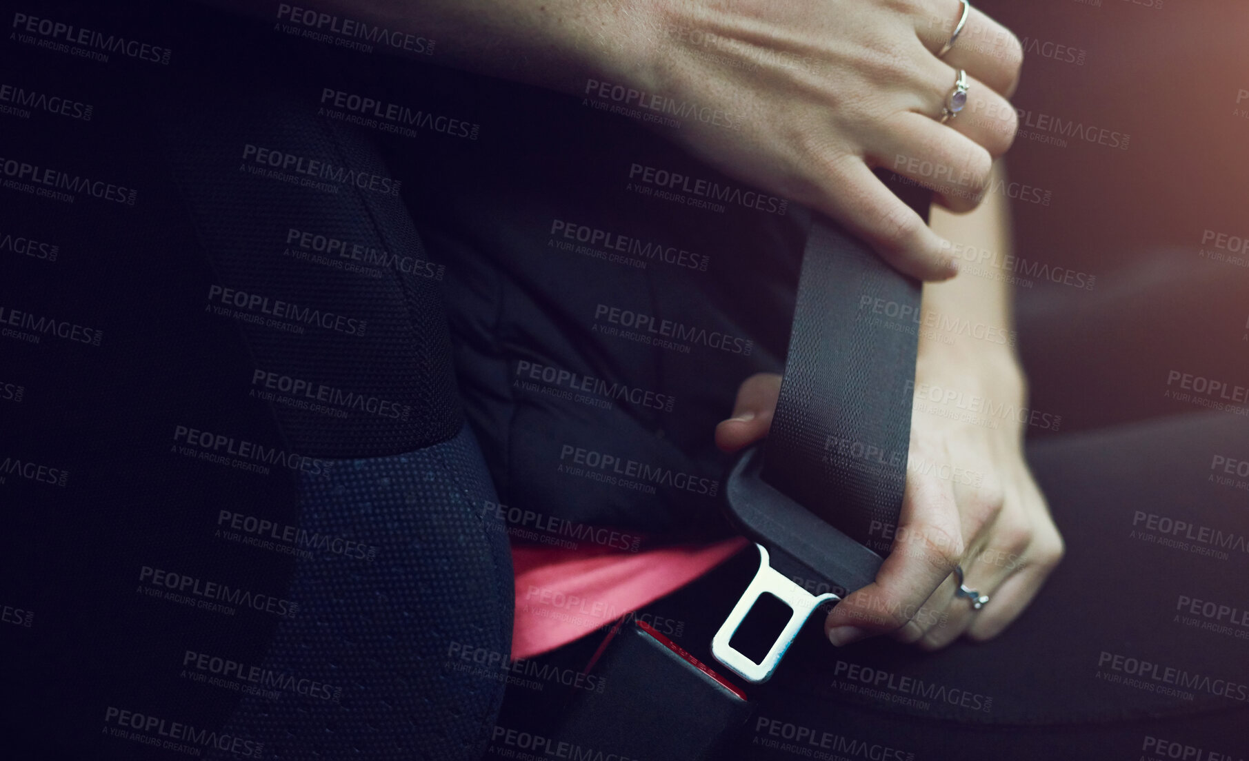 Buy stock photo Hands, woman and closeup of seatbelt in car for safety, road law and protection for accident in vehicle. Driver, travel and click for security from danger, insurance and fasten harness in transport