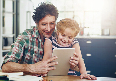 Buy stock photo Home, father and girl with tablet, smile and happiness with connection, internet and social media. Apartment, family and single parent with kid, dad and child with tech, typing and elearning with app