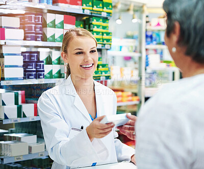 Buy stock photo Woman, pharmacist and helping or customer medication or health advice or healthcare, sales or supplements. Female person, dispensary and shopping or antibiotic purchase with insurance, drugs or store
