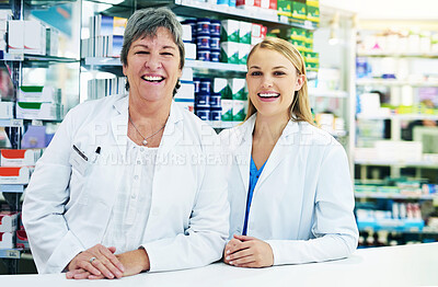 Buy stock photo Portrait, women and pharmacy with teamwork, smile and happiness with career ambition, healthcare and wellness. Face, people or coworkers in store, pharmaceutical drugs and cooperation with confidence