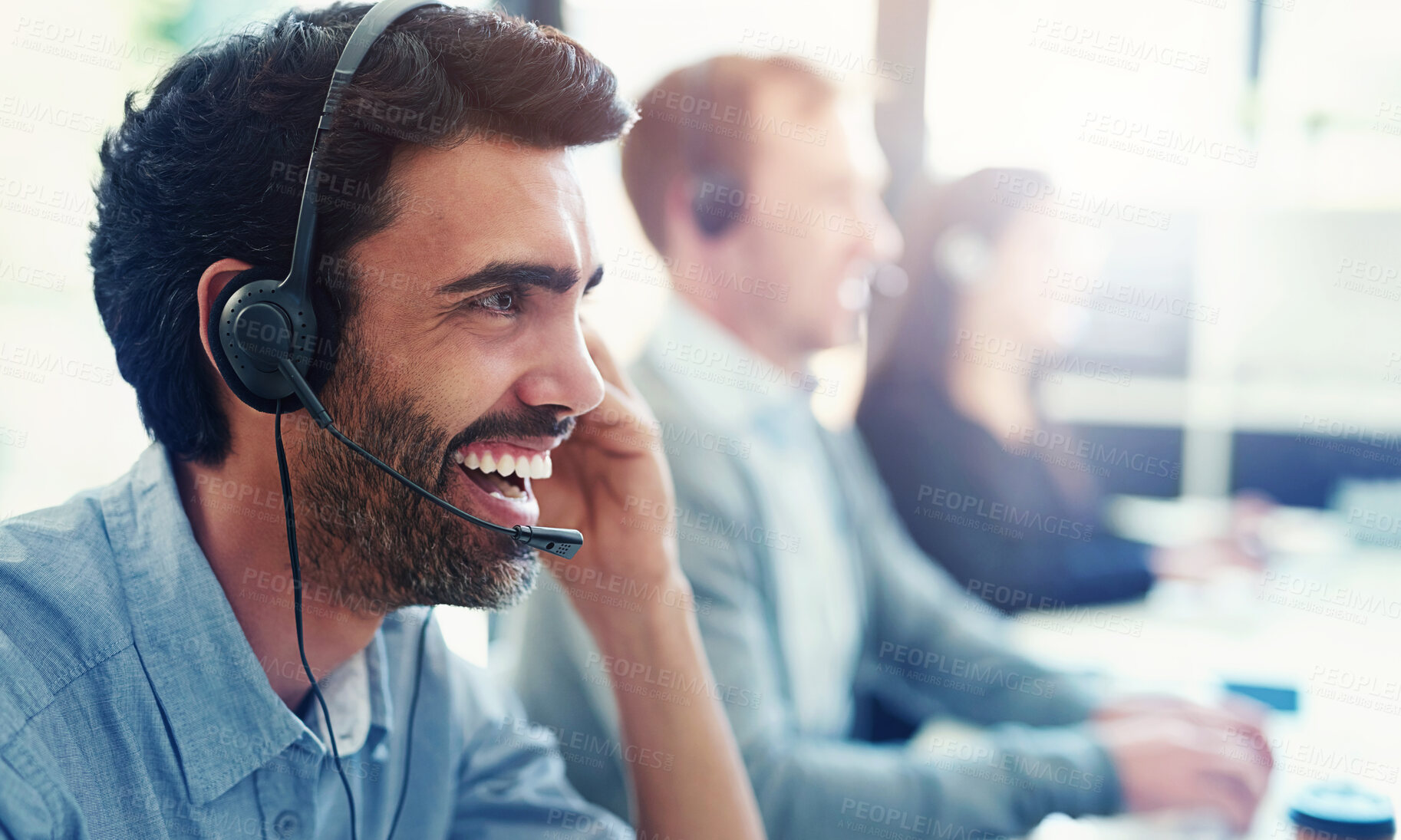 Buy stock photo Happy man, consultant and call center with headphones at agency in customer service or support at office. Male person or agent with smile for online advice, CRM or telemarketing in contact us or help