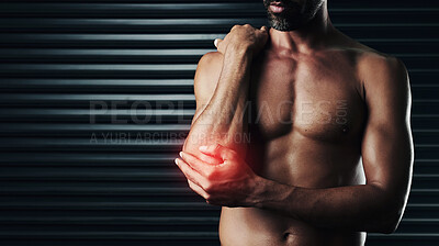 Buy stock photo Elbow pain, man or fitness with injury, sore or exercise with workout, inflammation or emergency. Sports, person or guy with red highlight, medical or health issue with ache, bruise or muscle tension