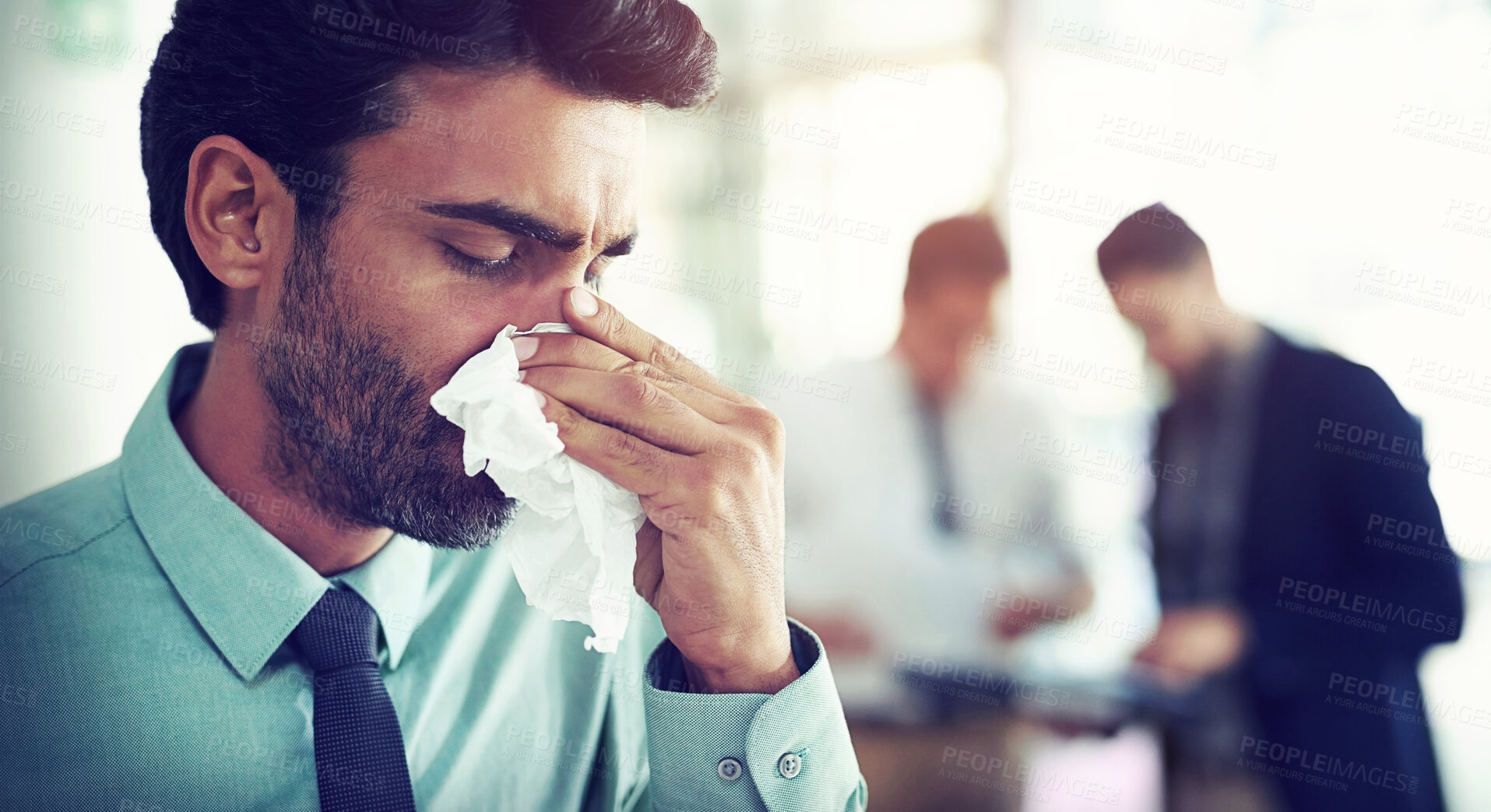 Buy stock photo Office, business and man with tissue, sneeze and sick with allergy, health condition and illness. People, employee and consultant with paper, blowing nose and influenza with hayfever, sinus and virus