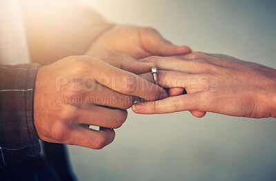 Buy stock photo Love, engagement and hands of couple with ring on proposal, celebration and anniversary outdoors. Dating, marriage and man and woman with jewellery for honeymoon, vacation and romantic holiday