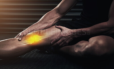 Buy stock photo Man, leg and muscle injury in knee with 3d anatomy, inflammation and sports accident on floor in gym. Athlete, glow and skeleton bruise in joint from exercise, workout and medical wound with strain