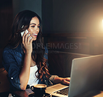 Buy stock photo Woman, phone call and laptop in coffee shop or online email at night fr remote work deadline, communication or talking. Female person, cellphone and startup networking as ngo funding, search or cafe