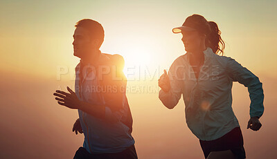 Buy stock photo Sunrise, couple and running outdoor for race training, exercise and fitness with cardio for health. Wellness, sport and athlete with runner partner in nature together in the morning with sprint