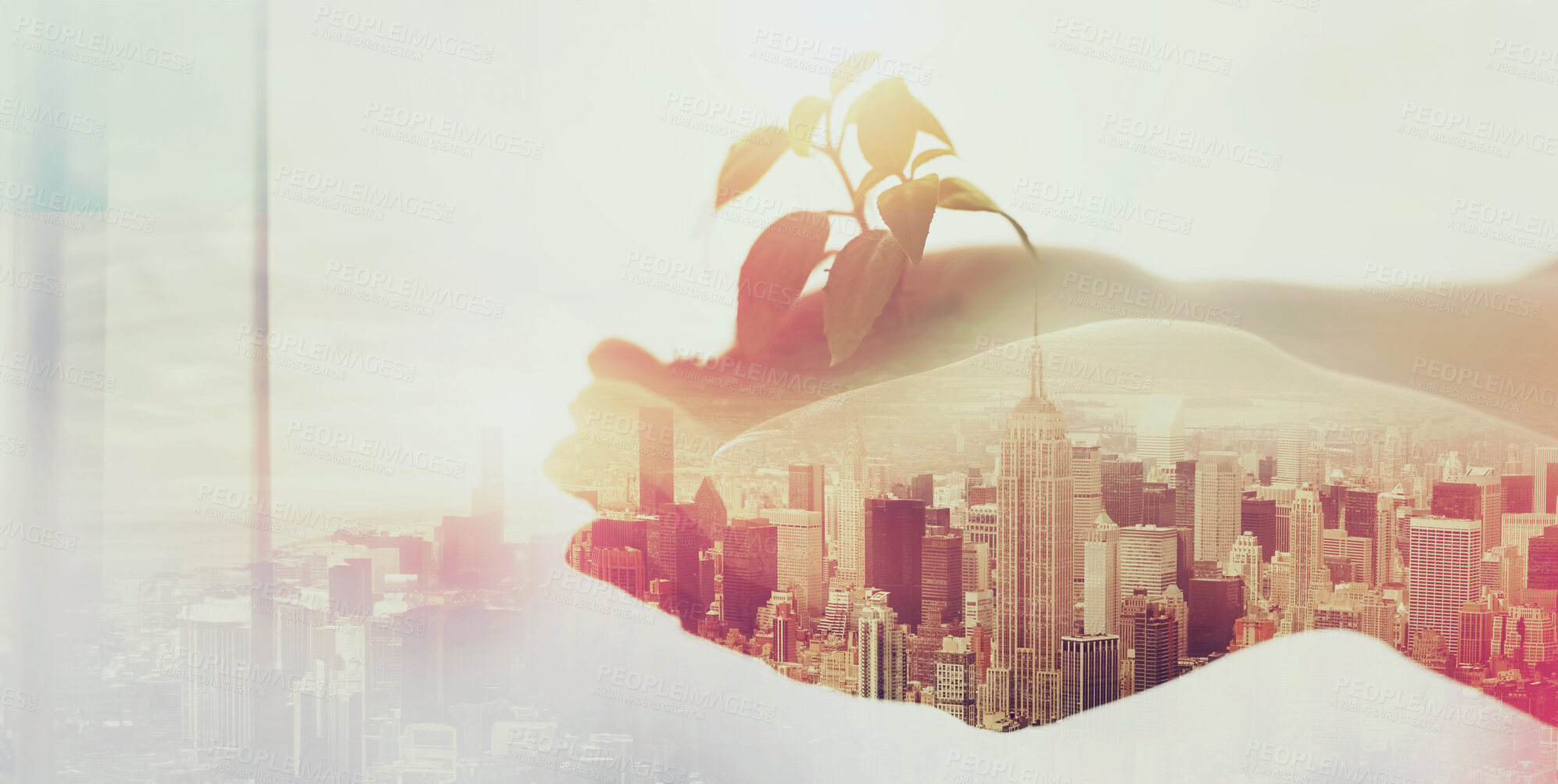 Buy stock photo Double exposure, plant and hand with city overlay for earth day, sustainability and eco friendly. Climate change, urban and environment protection for growth and future with dirt, soil and town